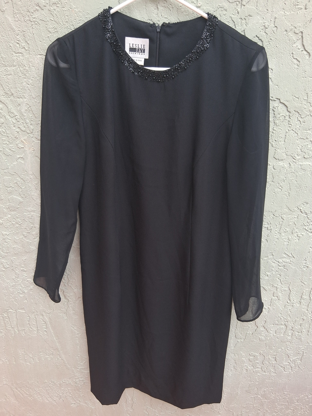 Vintage Leslie Fay Black Sheer Sleeve Formal Evening Sheath Dress